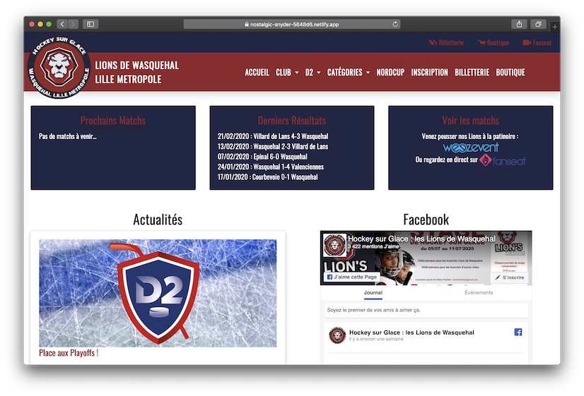 Screenshot site Lions de Wasquehal - Hockey sur Glace